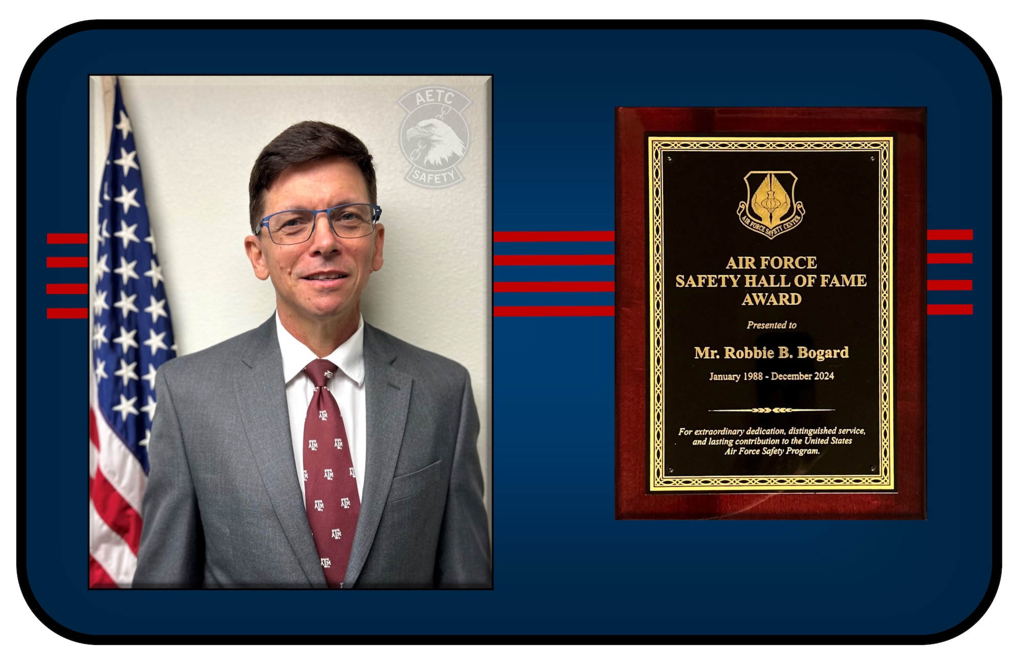 Robbie Bogard, Air Education and Training Command Occupational Safety chief, earned induction into the Department of the Air Force Hall of Fame, becoming the exclusive club’s 96th inductee since it began 47 years ago. After 41 years of service, Bogard will retire from the Air Force in December.