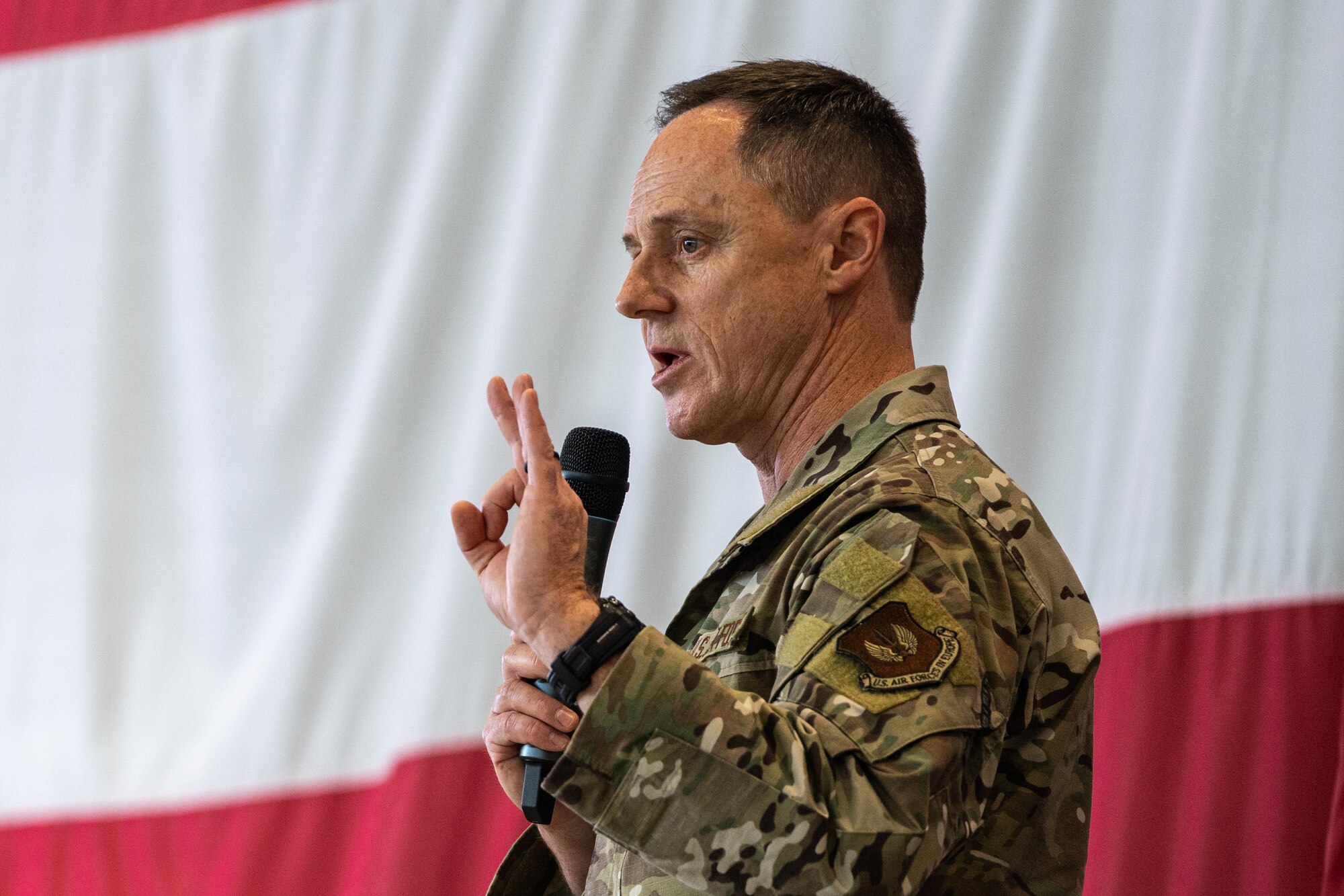 U.S. Air Force Brig. Gen Tad Clark, 31st Fighter Wing commander speaks to Airmen.