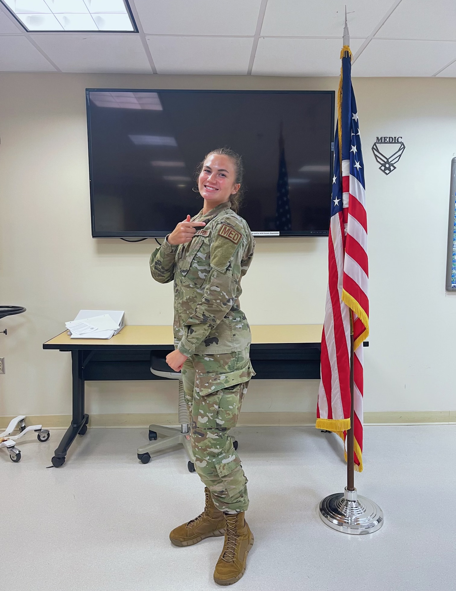 U.S. Air Force Airman 1st Class Bridget Johnson receives her medical patch at Keesler Air Force Base, Miss., July 1, 2022.