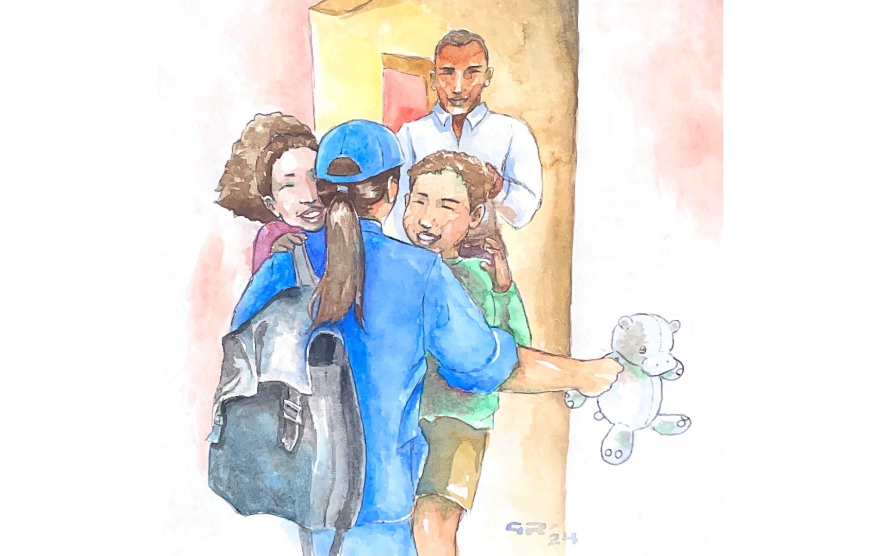 A painting of a family sharing an embrace by Ensign Gary Rodriguez.