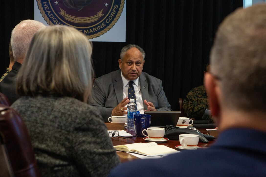 The Secretary of the Navy (SECNAV) Carlos Del Toro speaks with U.S. Marine Corps and civilian key leaders from Manpower and Reserve Affairs (M&RA) and Marine Corps Recruiting Command (MCRC) during a visit to Marine Corps Base Quantico