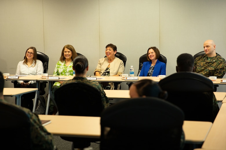 Betty Del Toro, wife to the Secretary of the Navy Carlos Del Toro, holds a town hall meeting with Marines and spouses during a visit to Marine Corps Base Quantico.