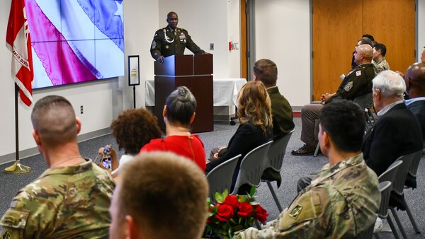 U.S. Army Command Sgt. Maj. Clifton D. Morehouse, outgoing U.S. Army Corps of Engineers Transatlantic Division command sergeant major, speaks during his Change of Responsibility ceremony in Winchester, Va., Nov. 7.