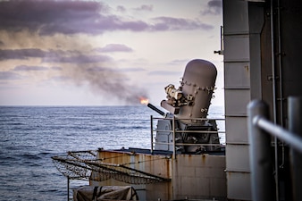 The aircraft carrier USS Nimitz (CVN 68) conducts a Phalanx close-in weapons system live-fire exercise in the Pacific Ocean, Nov. 6, 2024.