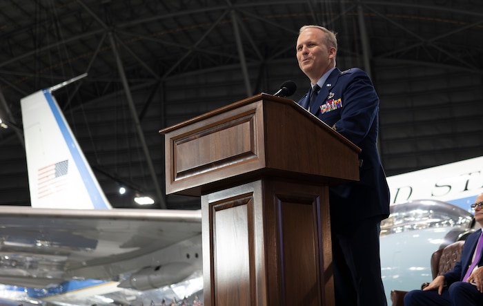 Air Force Research Laboratory Commander Brig. Gen. Jason E. Bartolomei delivers opening remarks during the AFRL Fellows and Science and Engineering Early Career Awards, or S&E ECA, ceremony at the National Museum of the United States Air Force in Dayton, Ohio, Oct. 24, 2024.  (U.S. Air Force photo / Keith Lewis)