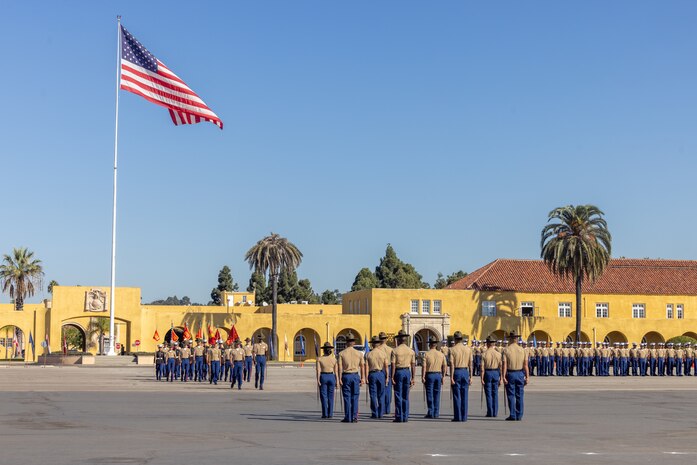 U.S. Marines with Delta Company, 1st Recruit Training Battalion, march in formation during a graduation ceremony at Marine Corps Recruit Depot San Diego, California, Nov. 1, 2024. Graduation took place at the completion of the 13-week transformation, which included training for drill, marksmanship, basic combat skills, and Marine Corps customs and traditions. (U.S. Marine Corps photo by Cpl. Alexander O. Devereux)