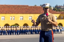 U.S. Marine Corps Lt. Col. Roger Hollenbeck, commanding officer, 1st Recruit Training Battalion, Marine Corps Recruit Depot, speaks to the new Marines of Delta Company, 1st Recruit Training Battalion, during their graduation ceremony at Marine Corps Recruit Depot San Diego, California, Nov. 1, 2024. Graduation took place at the completion of the 13-week transformation, which included training for drill, marksmanship, basic combat skills, and Marine Corps customs and traditions. (U.S. Marine Corps photo by Cpl. Alexander O. Devereux)