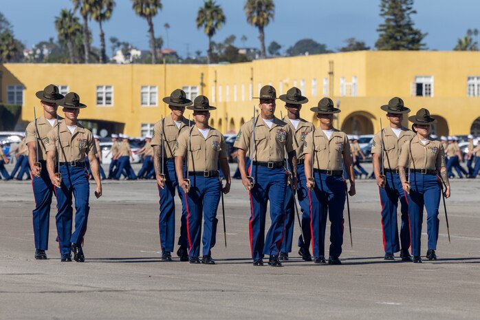 U.S. Marines with Delta Company, 1st Recruit Training Battalion, march in formation during a graduation ceremony at Marine Corps Recruit Depot San Diego, California, Nov. 1, 2024. Graduation took place at the completion of the 13-week transformation, which included training for drill, marksmanship, basic combat skills, and Marine Corps customs and traditions. (U.S. Marine Corps photo by Cpl. Alexander O. Devereux)
