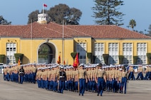 U.S. Marines with Delta Company, 1st Recruit Training Battalion, march across the parade deck during their graduation ceremony at Marine Corps Recruit Depot San Diego, California, Nov. 1, 2024. Graduation took place at the completion of the 13-week transformation, which included training for drill, marksmanship, basic combat skills, and Marine Corps customs and traditions. (U.S. Marine Corps photo by Cpl. Alexander O. Devereux)