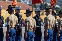 U.S. Marines with Delta Company, 1st Recruit Training Battalion, retire the guidons during their graduation ceremony at Marine Corps Recruit Depot San Diego, California, Nov. 1, 2024. Graduation took place at the completion of the 13-week transformation, which included training for drill, marksmanship, basic combat skills, and Marine Corps customs and traditions. (U.S. Marine Corps photo by Cpl. Alexander O. Devereux)