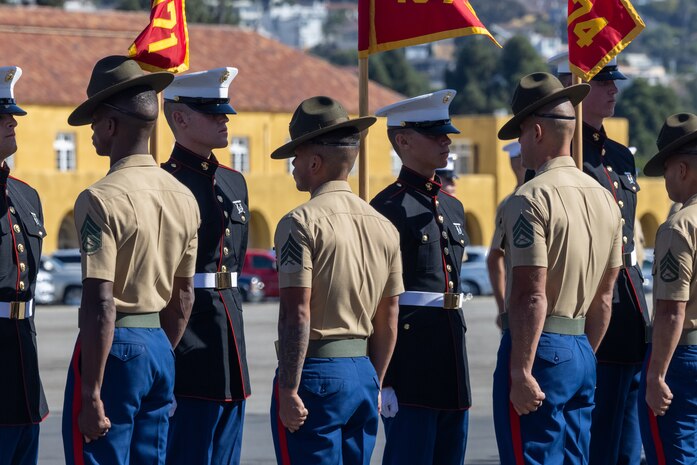 U.S. Marines with Delta Company, 1st Recruit Training Battalion, retire the guidons during their graduation ceremony at Marine Corps Recruit Depot San Diego, California, Nov. 1, 2024. Graduation took place at the completion of the 13-week transformation, which included training for drill, marksmanship, basic combat skills, and Marine Corps customs and traditions. (U.S. Marine Corps photo by Cpl. Alexander O. Devereux)