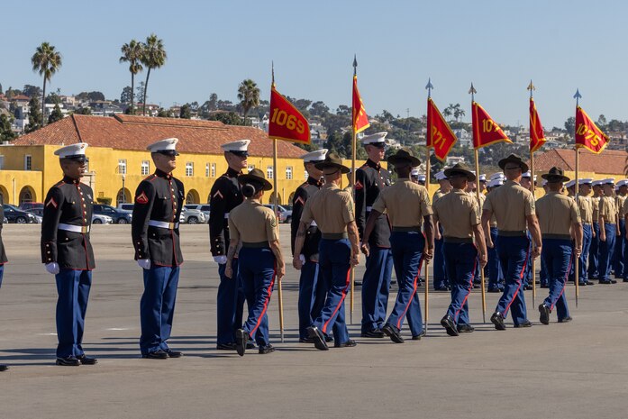U.S. Marines with Delta Company, 1st Recruit Training Battalion, retire the guidons during their graduation ceremony at Marine Corps Recruit Depot San Diego, California, Nov. 1, 2024. Graduation took place at the completion of the 13-week transformation, which included training for drill, marksmanship, basic combat skills, and Marine Corps customs and traditions. (U.S. Marine Corps photo by Cpl. Alexander O. Devereux)