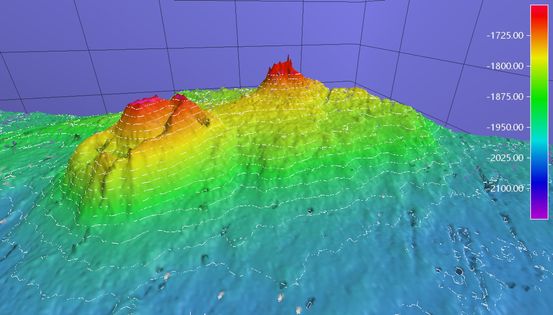 Bathymetric data of volcano-like feature discovered by science teams aboard the U.S. Coast Guard Cutter Healy (WAGB 20) on the continental slope along Northern Alaska during the Healy's Phase 1 Arctic 2024 Fall Deployment supporting Alaskan Arctic Coast Port Access Routing Study and Opportunistic Mapping Initiative. The feature discovered rises from the seabed approximately 585 meters, residing approximately 1,600 meters below the surface at its shallowest depth. The interagency science mission to the Chukchi and Beaufort Seas north of Alaska combined oceanographic buoy deployments with a coordinated mapping effort to survey uncharted waters and acquire depth data along a portion of the Alaskan Arctic Coast Port Access Route Study (AACPARS) corridor, a Coast Guard-proposed preferred vessel route from Utqiaġvik, Alaska, to the demarcation point of the border between U.S. and Canada. (Image courtesy of NOAA)