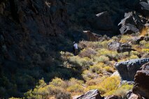 A man stands in the middle of a canyon at the Nevada Test and Training Range.