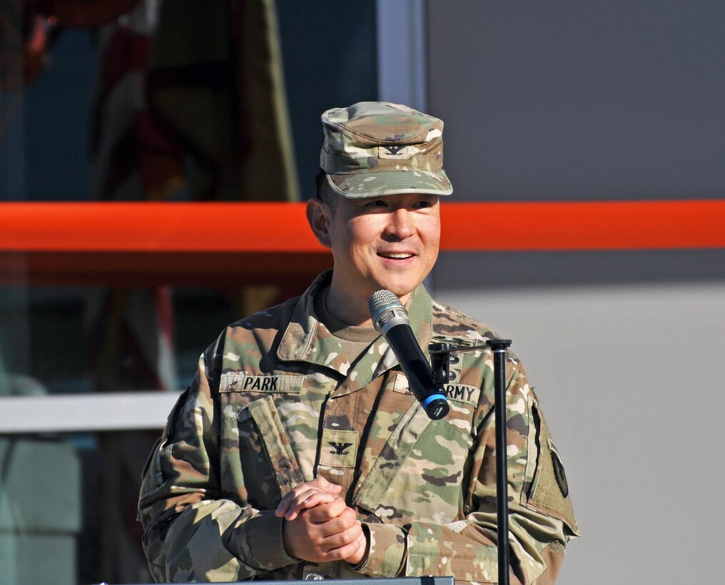 JBLM Army Garrison Commander Col. Kent Park speaks during ceremony