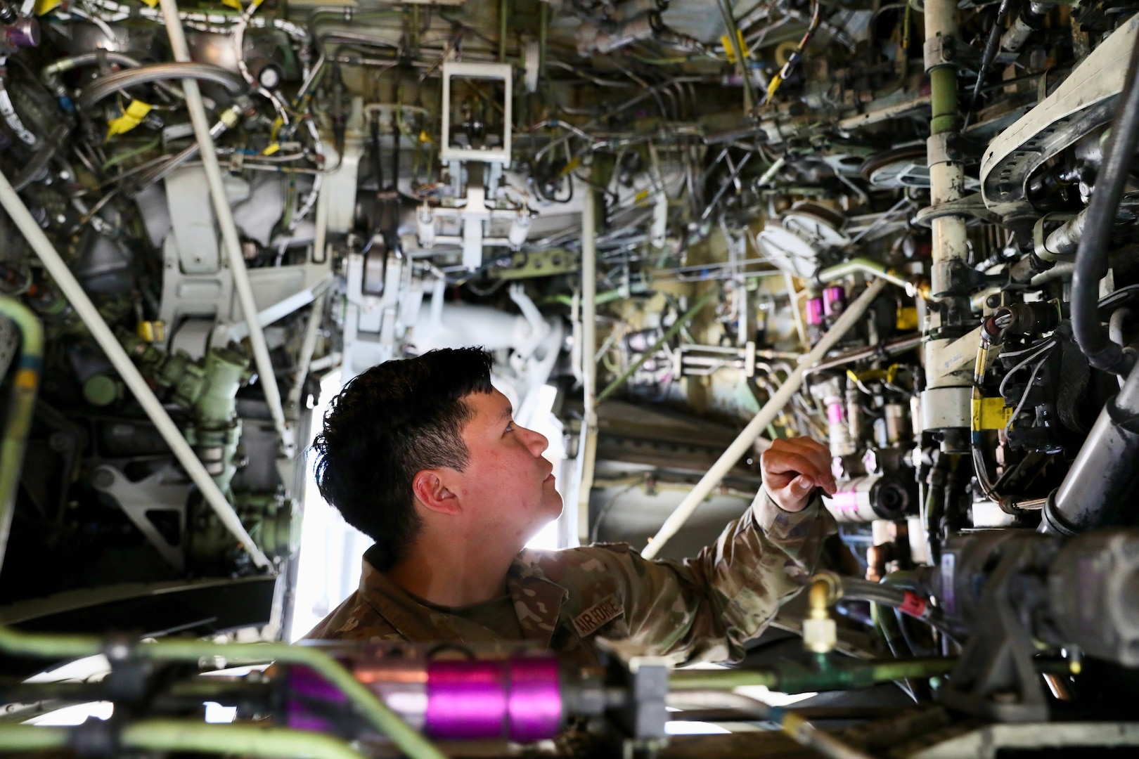 U.S. Air Force Staff Sgt. Jesse Lookingglass, crew chief and mechanic with the 213th Maintenance Squadron, District of Columbia Air National Guard, performs a pre-flight inspection on a C-40 aircraft at Joint Base Andrews, Oct. 22, 2024. These inspections are crucial for ensuring the aircraft is mission-ready, identifying potential issues before takeoff, and maintaining the safety and reliability needed for every operation. The aircraft SSgt Lookingglass maintains provides world-class travel for members of the Executive Branch, Congress, Department of Defense, and high-ranking U.S. foreign dignitaries.