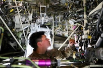 U.S. Air Force Staff Sgt. Jesse Lookingglass, crew chief and mechanic with the 213th Maintenance Squadron, District of Columbia Air National Guard, performs a pre-flight inspection on a C-40 aircraft at Joint Base Andrews, Oct. 22, 2024. These inspections are crucial for ensuring the aircraft is mission-ready, identifying potential issues before takeoff, and maintaining the safety and reliability needed for every operation. The aircraft SSgt Lookingglass maintains provides world-class travel for members of the Executive Branch, Congress, Department of Defense, and high-ranking U.S. foreign dignitaries.