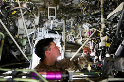 U.S. Air Force Staff Sgt. Jesse Lookingglass, crew chief and mechanic with the 213th Maintenance Squadron, District of Columbia Air National Guard, performs a pre-flight inspection on a C-40 aircraft at Joint Base Andrews, Oct. 22, 2024. These inspections are crucial for ensuring the aircraft is mission-ready, identifying potential issues before takeoff, and maintaining the safety and reliability needed for every operation. The aircraft SSgt Lookingglass maintains provides world-class travel for members of the Executive Branch, Congress, Department of Defense, and high-ranking U.S. foreign dignitaries.