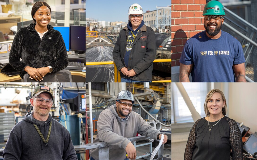 Top left: Seyan Adelakoun, U.S. Army, Information Technology Analyst; Code 109, Information Technology and Cyber Security Office | Top middle: Hans Gehlhaar, U.S. Navy, IRR Lead Test Engineer/Work Lead; Code 246, Test & Work Control Engineering Division | Top right: Idrese Manning, U.S. Marines Corps, Production Waterfront Safety Advocate; Code 900S, Waterfront Safety | Bottom left: Kevin Ballowe, U.S. Navy, Inside Machinist; Shop 31, Inside Machinists | Bottom center: Adrian Falcon, U.S. Army, Work Lead; Shop 11, Shipfitters | Bottom right: Janee Morgan, U.S. Air Force, eLearning Supervisor; Code 109, Information Technology and Cyber Security Office (U.S. Navy photo illustration by Wendy Hallmark)
