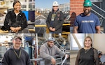 Top left: Seyan Adelakoun, U.S. Army, Information Technology Analyst; Code 109, Information Technology and Cyber Security Office | Top middle: Hans Gehlhaar, U.S. Navy, IRR Lead Test Engineer/Work Lead; Code 246, Test & Work Control Engineering Division | Top right: Idrese Manning, U.S. Marines Corps, Production Waterfront Safety Advocate; Code 900S, Waterfront Safety | Bottom left: Kevin Ballowe, U.S. Navy, Inside Machinist; Shop 31, Inside Machinists | Bottom center: Adrian Falcon, U.S. Army, Work Lead; Shop 11, Shipfitters | Bottom right: Janee Morgan, U.S. Air Force, eLearning Supervisor; Code 109, Information Technology and Cyber Security Office (U.S. Navy photo illustration by Wendy Hallmark)
