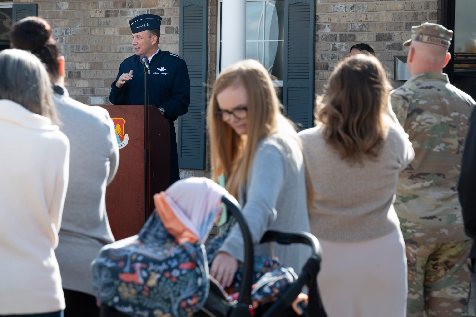 U.S. Air Force Gen. Johnny Lamontagne, Air Mobility Command commander, provides remarks during a ribbon-cutting ceremony for the Scott Air Force Base Military Spouse Coworking Space, Nov. 6, 2024, at Scott Air Force Base, Illinois. The ribbon-cutting was the culmination of a collaborative effort between AMC civic leaders, Leadership Council of Southwestern Illinois and their Military Affairs Committee, Deloitte, and the Scott Spouse’s Club to bring a productive and collaborative workspace to military spouses. (U.S. Air Force photo by Staff Sgt. Dalton Williams)