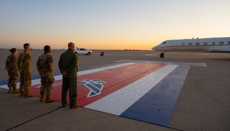 Team Minot leadership look on as Dr. William LaPlante, Under Secretary of Defense for Acquisition and Sustainment, arrives at Minot Air Force Base, North Dakota, Oct. 30, 2024. LaPlante is responsible for all matters pertaining to acquisition; contract administration; logistics and materiel readiness; installations and environment; operational energy; nuclear, chemical, and biological defense; the acquisition workforce; and the defense industrial base. (U.S. Air Force photo by Airman 1st Class Luis Gomez)