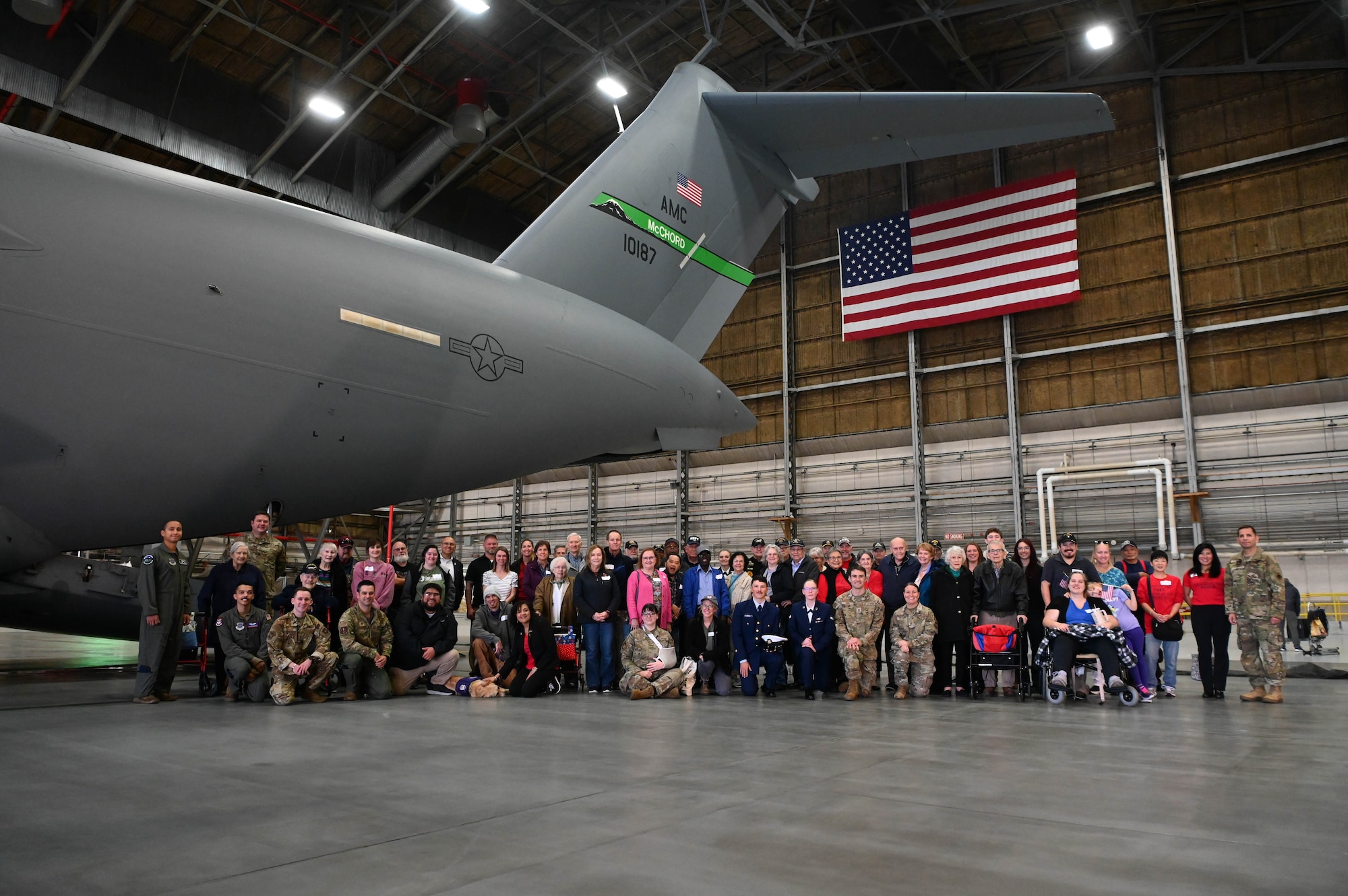 On October 29, 2024, the 62d Airlift Wing welcomed 78 veterans and their families, including those from World War II, the Korean War, Vietnam, Operation Desert Storm, and more recent conflicts, for a day of reflection and recognition. The tour featured participants from organizations such as the Patriot Guard, American Red Cross, Patriot’s Landing, and Paws for Purple Hearts.