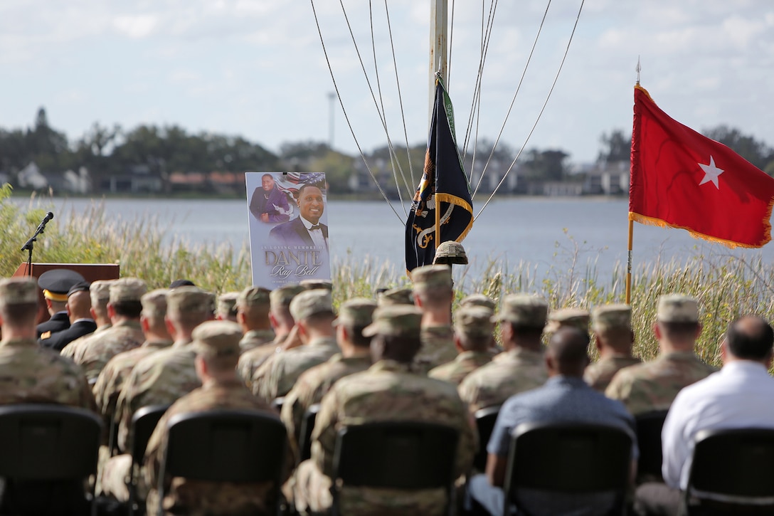 Soldiers assigned to the 3-347th Training Support Battalion, 85th U.S. Army Reserve Support Command, conduct a memorial ceremony for Staff Sgt. Dante Bell, who died last month in a training incident.