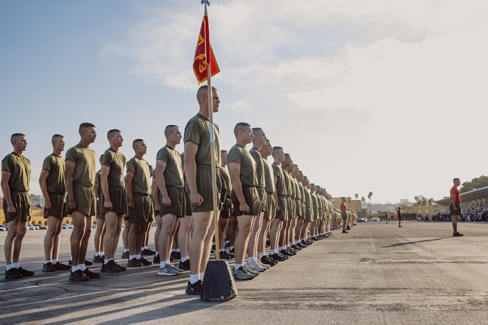 U.S. Marines with Delta Company, 1st Recruit Training Battalion, stand in formation before their motivational run at Marine Corps Recruit Depot San Diego, California, Oct. 31, 2024. The company motivational run is a three-mile cadence run conducted around the Depot and is the last physical training event the Marines will conduct before the graduate from MCRD San Diego. The event is also the first time friends and families will see their newly transformed Marines. (U.S. Marine Corps photo by Cpl. Sarah M. Grawcock)