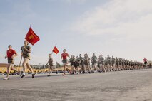 U.S. Marines with Delta Company, 1st Recruit Training Battalion, run in formation before their motivational run at Marine Corps Recruit Depot San Diego, California, Oct. 31, 2024. The company motivational run is a three-mile cadence run conducted around the Depot and is the last physical training event the Marines will conduct before the graduate from MCRD San Diego. The event is also the first time friends and families will see their newly transformed Marines. (U.S Marine Corps  photo by Cpl. Sarah M. Grawcock)