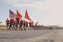 U.S. Marines with Recruit Training Regiment, Marine Corps Recruit Depot San Diego lead the motivational run for Delta Company, 1st Recruit Training Battalion at MCRD San Diego, California, Oct. 31, 2024. The company motivational run is a three-mile cadence run conducted around the Depot and is the last physical training event the Marines will conduct before the graduate from MCRD San Diego. The event is also the first time friends and families will see their newly transformed Marines. (U.S Marine Corps photo by Cpl. Sarah M. Grawcock)