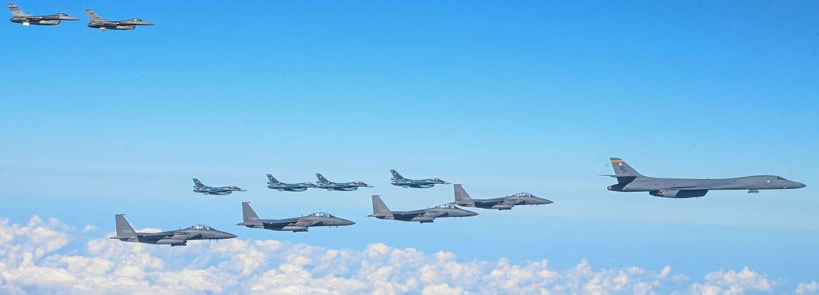 Fighter aircraft from the U.S., Japan, and the Republic of Korea conduct a trilateral escort flight of U.S. bombers operating in the Indo-Pacific, Nov. 3, 2024.