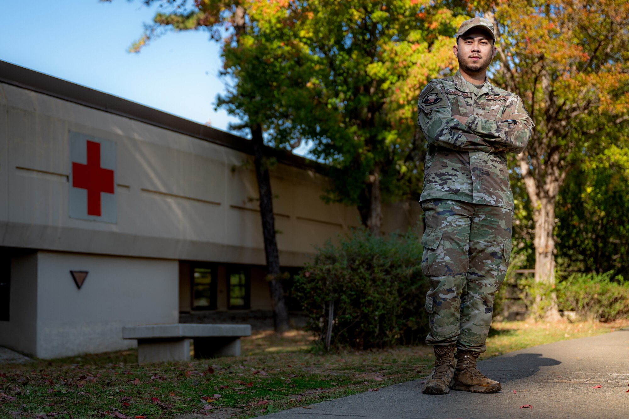 U.S. Air Force Senior Airman Jomar Cabigting, 51st Medical Support Squadron unit deployment manager, poses for a photo at Osan Air Base, Republic of Korea, Nov. 6, 2024. As a UDM, Cabigting is responsible for ensuring members assigned to the 51st Fighter Wing are fit and ready to “Fight Tonight!” His hard work and dedication has earned him the title of Mustang of the Week. (U.S. Air Force photo by Senior Airman Brittany Russell)
