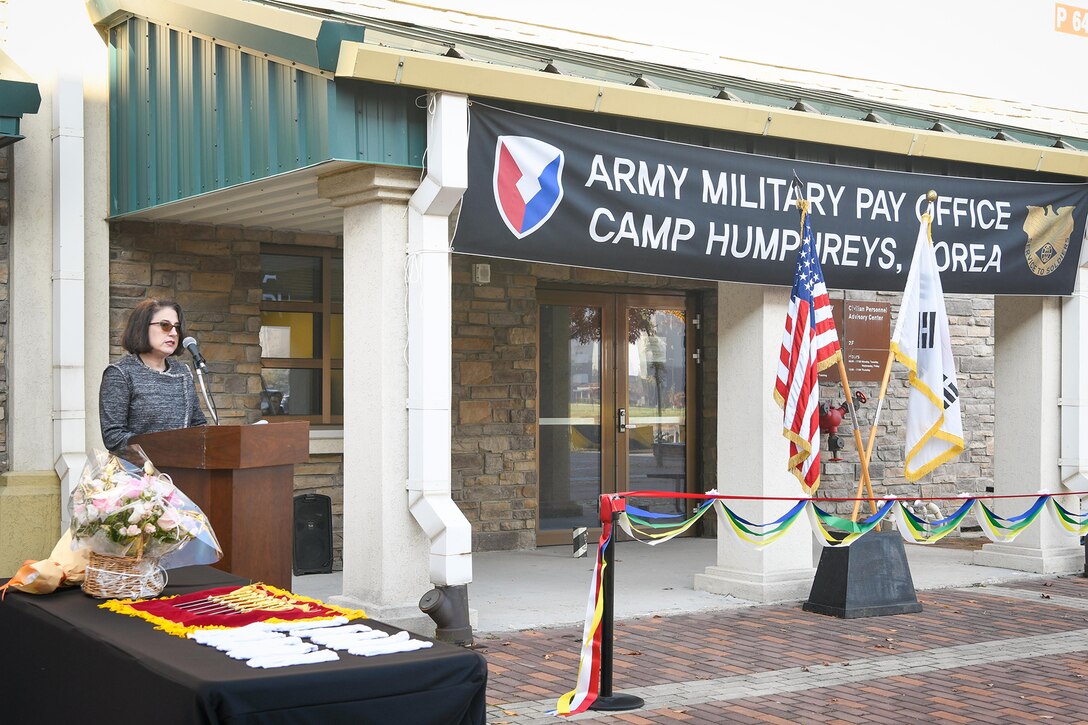 Mary Jelev, U.S. Army Financial Management Command Military Pay Operations director, makes remarks during a special ribbon-cutting ceremony opening AMPO Korea at Camp Humphreys, South Korea, Oct. 31, 2024. USAFMCOM opened the new AMPO on Camp Humphreys as well as two satellite locations at Camps Walker and Casey. (U.S. Army photo by Cpl. Kianna Scott)