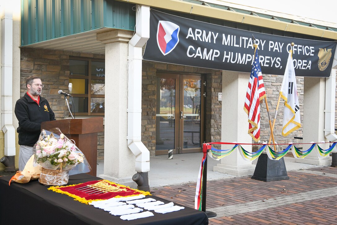 Daniel M. Hancock, U.S. Army Garrison Humphreys deputy to the commander, makes remarks during a special ribbon-cutting ceremony opening AMPO Korea at Camp Humphreys, South Korea, Oct. 31, 2024. USAFMCOM opened the new AMPO on Camp Humphreys as well as two satellite locations at Camps Walker and Casey. (U.S. Army photo by Cpl. Kianna Scott)