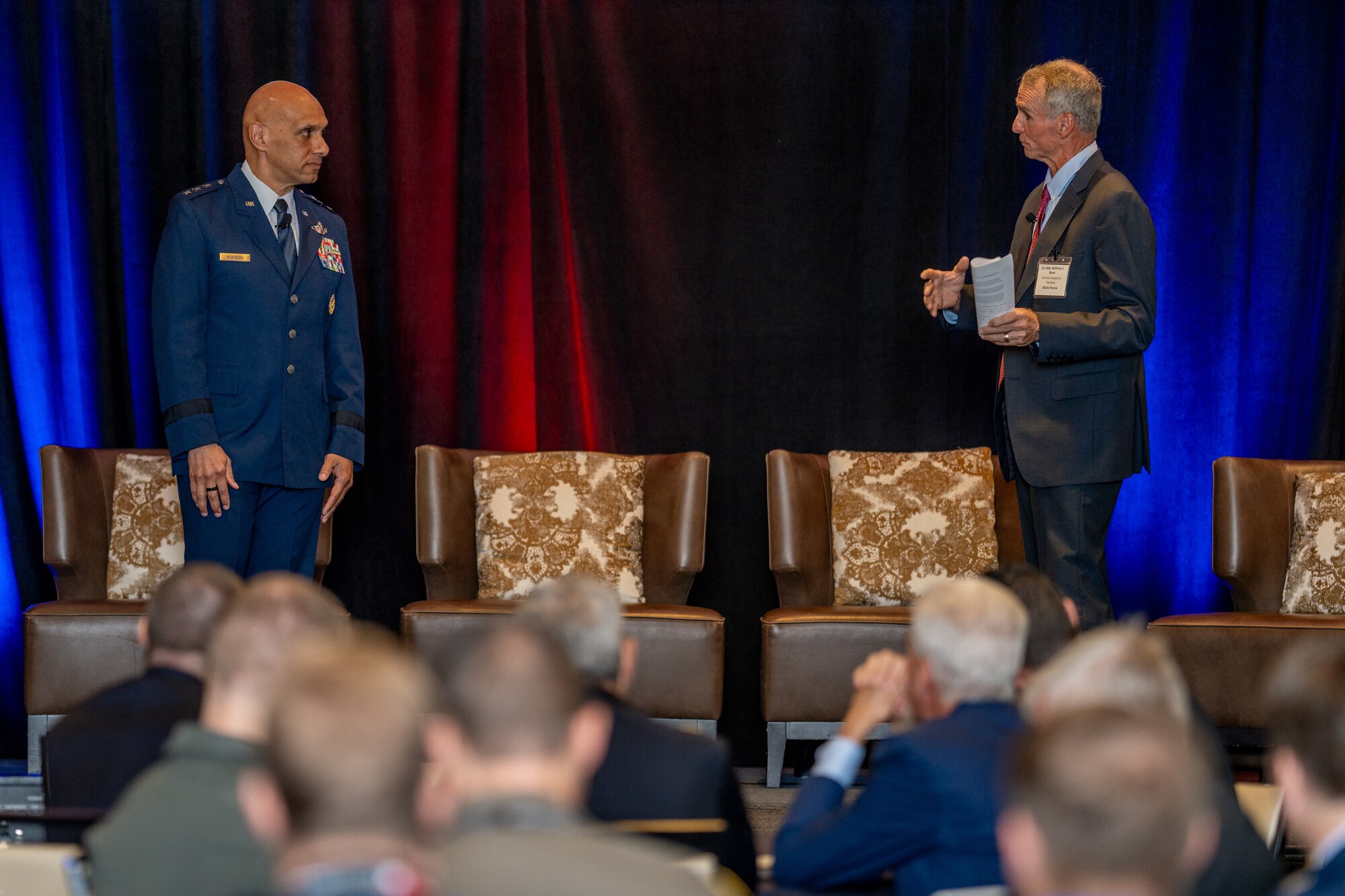 From left, U.S. Air Force Lt. Gen. Brian Robinson, commander of Air Education and Training Command, fields questions alongside retired U.S. Air Force Lt. Gen. Anthony Rock during Robinson’s keynote speech at the Military Flight Training Conference, Oct. 29, 2024, in San Antonio, Texas. The annual event convened over 300 military and industry leaders, aviation trainers, and international delegates committed to shaping the future of pilot training. During his address, Robinson shared his vision for modernizing flight training by incorporating advanced technologies such as virtual reality, artificial intelligence, and augmented training environments. He also outlined efforts to streamline joint training across the U.S. Air Force, Navy, and Army, and to strengthen partnerships with allied nations to enhance interoperability. Robinson emphasized the need for a data-driven approach to address the ongoing pilot shortage, encouraging cross-branch collaboration to equip the next generation of aviators with vital skills for operating in an increasingly complex global security environment. (U.S. Air Force photo by Jonathan Mallard)