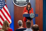 A woman in business attire stands at a lectern with a “Department of Defense” logo attached to it. She is talking to a group of people seated in the foreground with their backs to the camera.