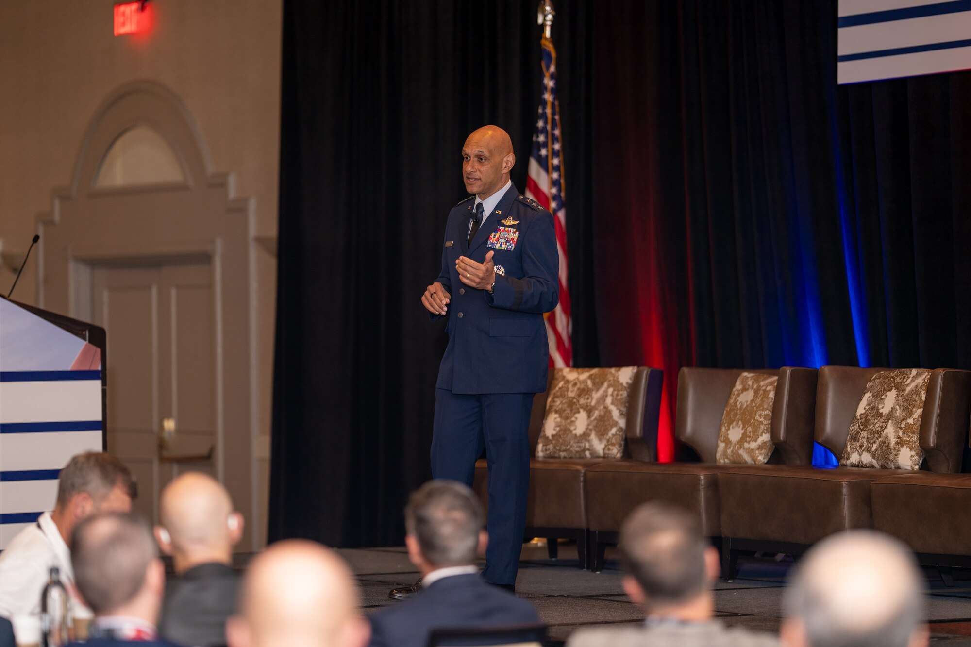 U.S. Air Force Lt. Gen. Brian Robinson, commander of Air Education and Training Command, delivers the keynote speech at the Military Flight Training Conference Oct. 29, 2024, in San Antonio, Texas. The conference brought together over 300 military and industry leaders, aviation trainers, and international delegates focused on the future of pilot training. Lt. Gen. Robinson outlined strategic initiatives to modernize flight curriculum, integrate emerging technologies, and enhance joint training across the U.S. Air Force, Navy, and Army, as well as with allied nations. Robinson emphasized a data-driven approach to address the ongoing pilot shortage, fostering collaboration across branches to equip the next generation of aviators with critical skills for a complex global landscape. (U.S. Air Force photo by Jonathan Mallard)