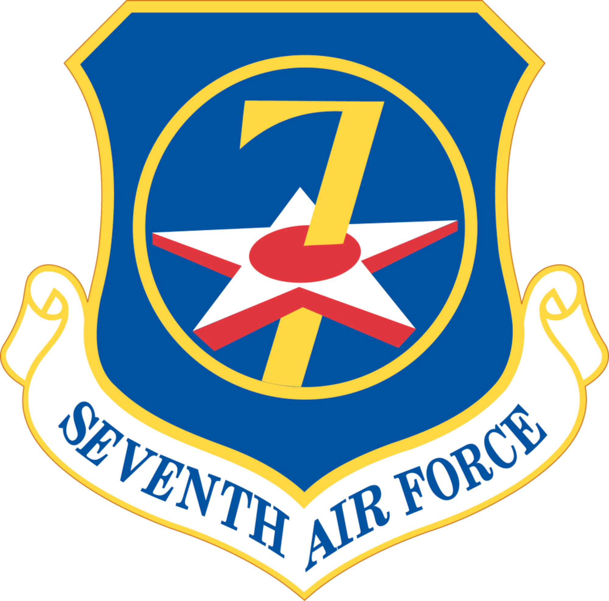 A blue crest with a yellow seven going through a red and white star, within a yellow circle on a field of blue, with the words Seventh Air Force in a scroll at the bottom.