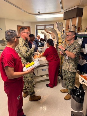 Staff assigned to Naval Hospital Rota’s Multiservice Ward and emergency response teams conduct ongoing skills practice in neonatal resuscitation and stabilization as part of the commands training and patient safety plan. The command frequently provides training on neonatal and obstetrical emergency procedures and processes to ensure sustained readiness and staff confidence. [Photo by Lt. Cmdr. Alicia Sacks \Released}]