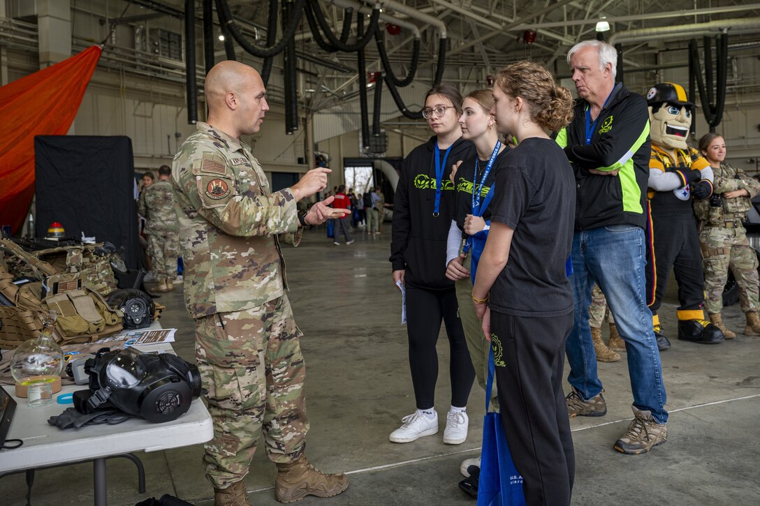 Approximately 500 high school student leaders from 33 different schools and two local Reserve Officer Training Corps detachments attended a total force All-Star Leadership Day event Nov. 6, 2024, at the 171st Air Refueling Wing near Pittsburgh, Pennsylvania. Students had the opportunity to tour a KC-135 Stratotanker, a C-17 Globemaster and a F-16D Fighting Falcon aircraft as well as participate in teamwork exercises, leadership challenges, and interactive career exploration sessions. (U.S. Air National Guard photo by Tech. Sgt. Zoe M. Wockenfuss)