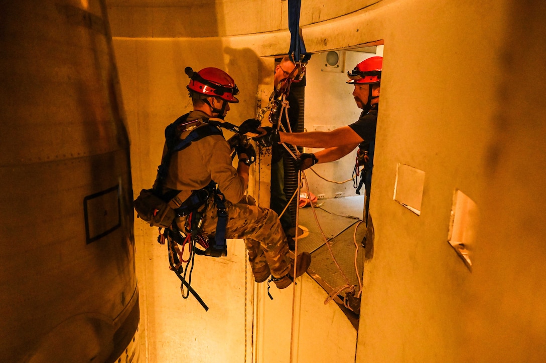 Air Force Staff Sgt. Zachary Orr, a firefighter assigned to the 90th Civil Engineering Squadron, participates in a missile silo rescue training exercise at F.E. Warren Air Force Base, Wyo., Oct. 26, 2024.