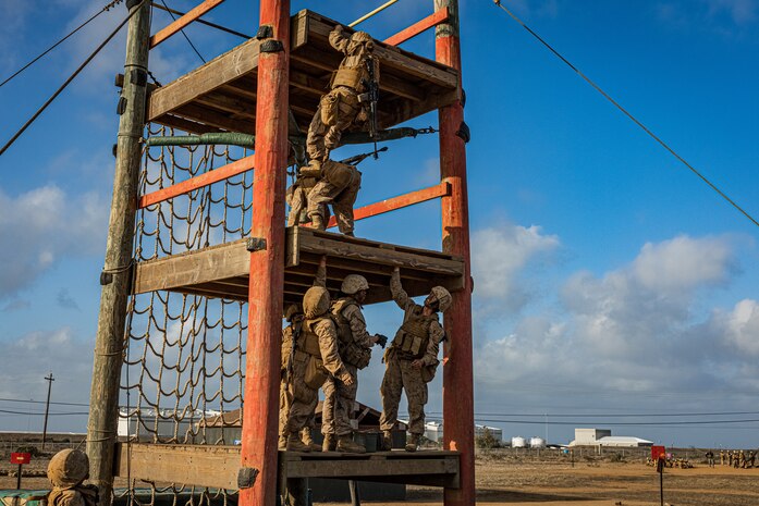 U.S. Marine Corps recruits with Mike Company, 3rd Recruit Training Battalion, navigate an obstacle during the Crucible at Marine Corps Base Camp Pendleton, California, Oct. 29, 2024. The Crucible is a 54-hour exercise where recruits apply the knowledge they learned throughout recruit training to earn the title United States Marine. (U.S. Marine Corps photo by Lance Cpl. Jacob B. Hutchinson)