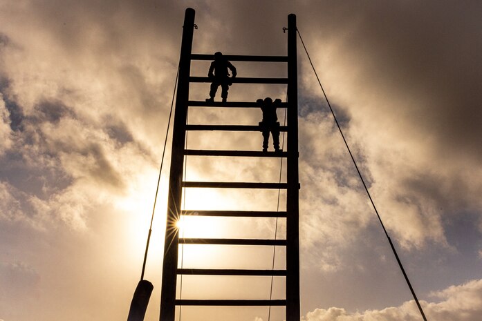 U.S. Marine Corps recruits with Mike Company, 3rd Recruit Training Battalion, navigate an obstacle during the Crucible at Marine Corps Base Camp Pendleton, California, Oct. 29, 2024. The Crucible is a 54-hour exercise where recruits apply the knowledge they learned throughout recruit training to earn the title United States Marine. (U.S. Marine Corps photo by Lance Cpl. Jacob B. Hutchinson)