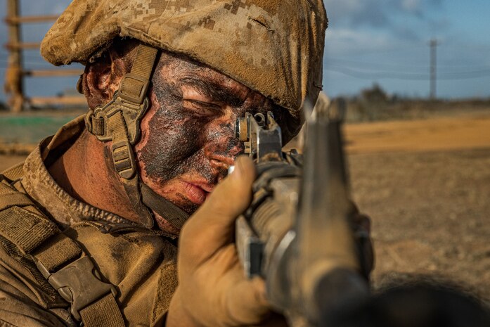 U.S. Marine Corps Recruit Andrew Mullen with Mike Company, 3rd Recruit Training Battalion, provides security during the Crucible at Marine Corps Base Camp Pendleton, California, Oct. 29, 2024. The Crucible is a 54-hour exercise where recruits apply the knowledge they learned throughout recruit training to earn the title United States Marine. (U.S. Marine Corps photo by Lance Cpl. Jacob B. Hutchinson)