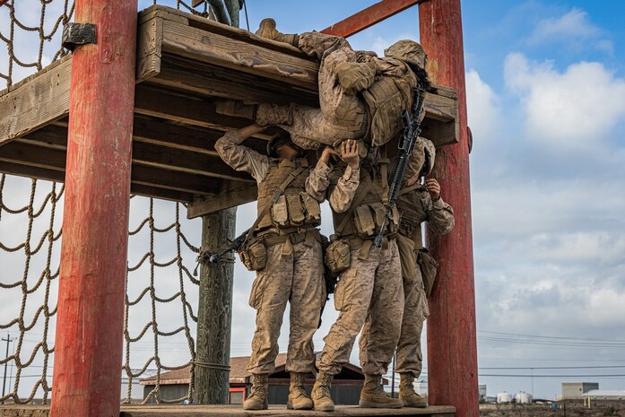 U.S. Marine Corps recruits with Mike Company, 3rd Recruit Training Battalion, navigate an obstacle during the Crucible at Marine Corps Base Camp Pendleton, California, Oct. 29, 2024. The Crucible is a 54-hour exercise where recruits apply the knowledge they learned throughout recruit training to earn the title United States Marine. (U.S. Marine Corps photo by Lance Cpl. Jacob B. Hutchinson)