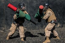U.S. Marine Corps recruits with Mike Company, 3rd Recruit Training Battalion, execute pugil stick techniques during the Crucible at Marine Corps Base Camp Pendleton, California, Oct. 29, 2024. The Crucible is a 54-hour exercise where recruits apply the knowledge they learned throughout recruit training to earn the title United States Marine. (U.S. Marine Corps photo by Lance Cpl. Jacob B. Hutchinson)
