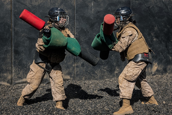 U.S. Marine Corps recruits with Mike Company, 3rd Recruit Training Battalion, execute pugil stick techniques during the Crucible at Marine Corps Base Camp Pendleton, California, Oct. 29, 2024. The Crucible is a 54-hour exercise where recruits apply the knowledge they learned throughout recruit training to earn the title United States Marine. (U.S. Marine Corps photo by Lance Cpl. Jacob B. Hutchinson)