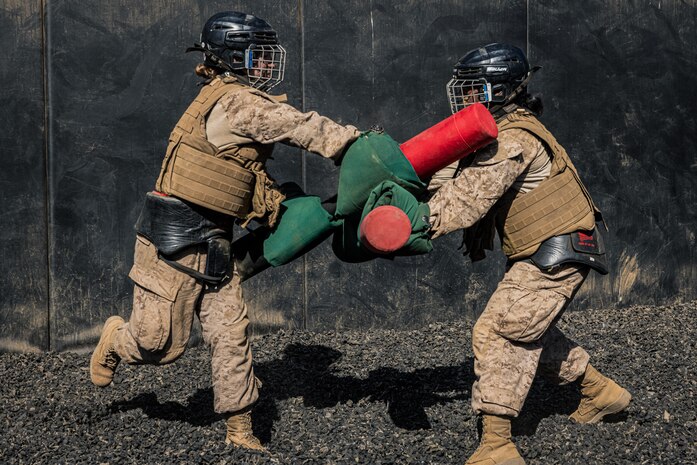 U.S. Marine Corps recruits with Mike Company, 3rd Recruit Training Battalion, execute pugil stick techniques during the Crucible at Marine Corps Base Camp Pendleton, California, Oct. 29, 2024. The Crucible is a 54-hour exercise where recruits apply the knowledge they learned throughout recruit training to earn the title United States Marine. (U.S. Marine Corps photo by Lance Cpl. Jacob B. Hutchinson)