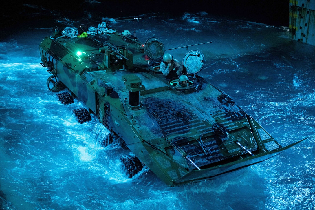 A Marine Corps amphibious combat vehicle enters the USS Somerset during Quarterly Underway Amphibious Readiness Training off the coast of Southern California, Oct. 27, 2024.